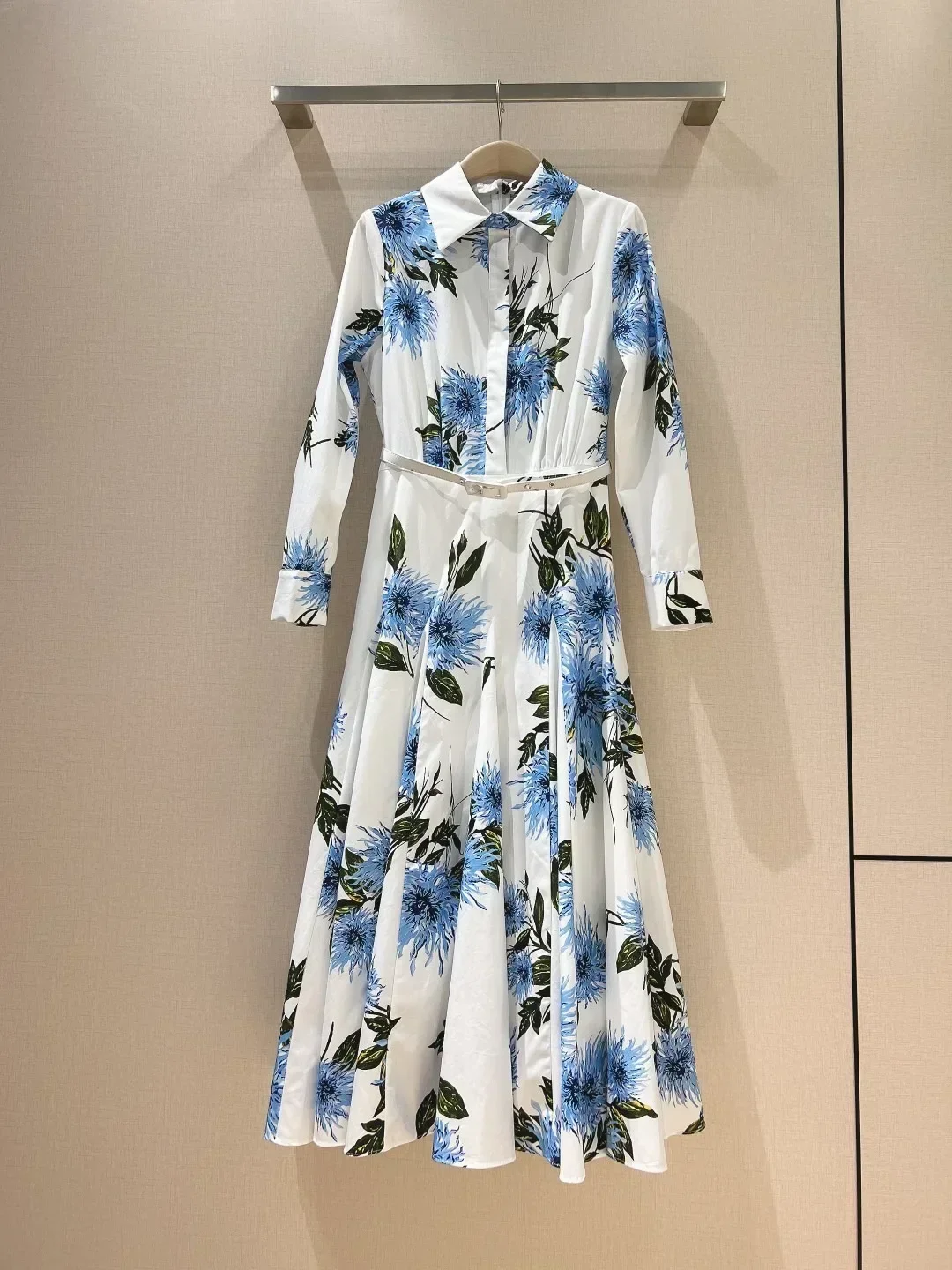 

Latest New White Blue Floral Position Print Cotton Long Sleeve Lapel 2024 Women Vintage Midi Dress