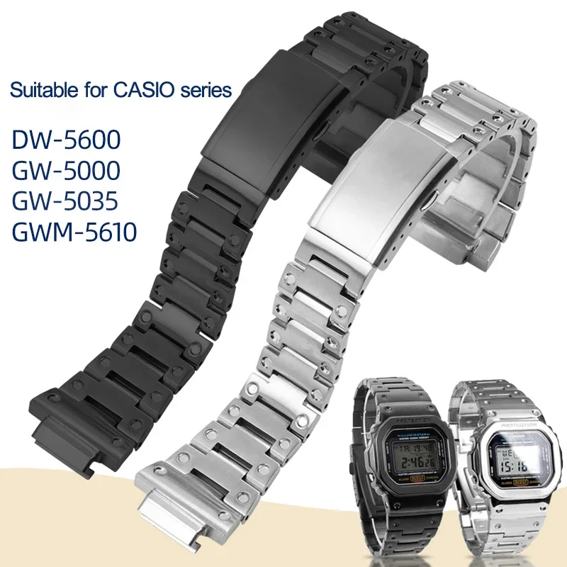 Per Cinturini Casio G-Shock Fine Steel Gw-5000 5035 Dw5600 Gwm5610 Orologio Da Uomo In Argento Nero Strap16Mm