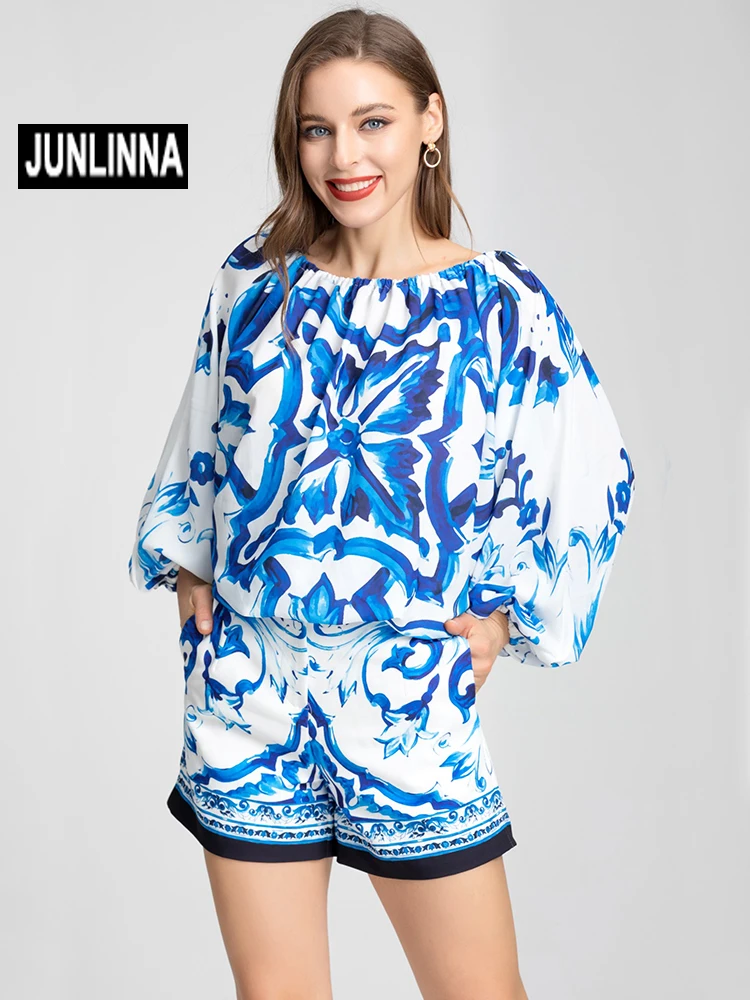 

JUNLINNA Street Fashion Two Piece Set Summer Women Blue White Porcelain Printed Loose T-Shirt+Shorts Suit