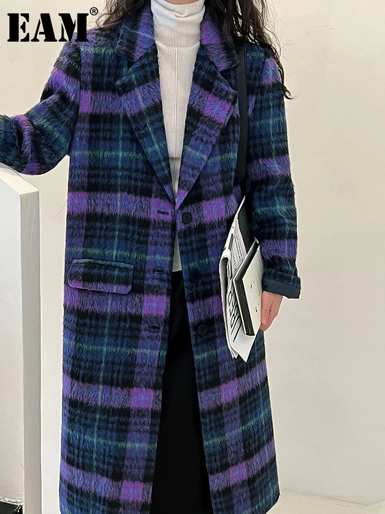 Women's Long Sleeve Lapel Fashion Coat Plaid Wool Long Coat