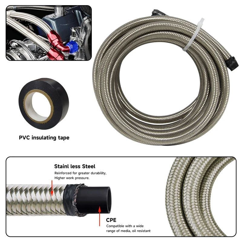 10FT 3.05M /16.4FT 5M AN6 Nylon / Steel Stainless Steel Braided Fuel Line  Hose For Fuel Return Line Oil Feed Line Black/ Silver - AliExpress