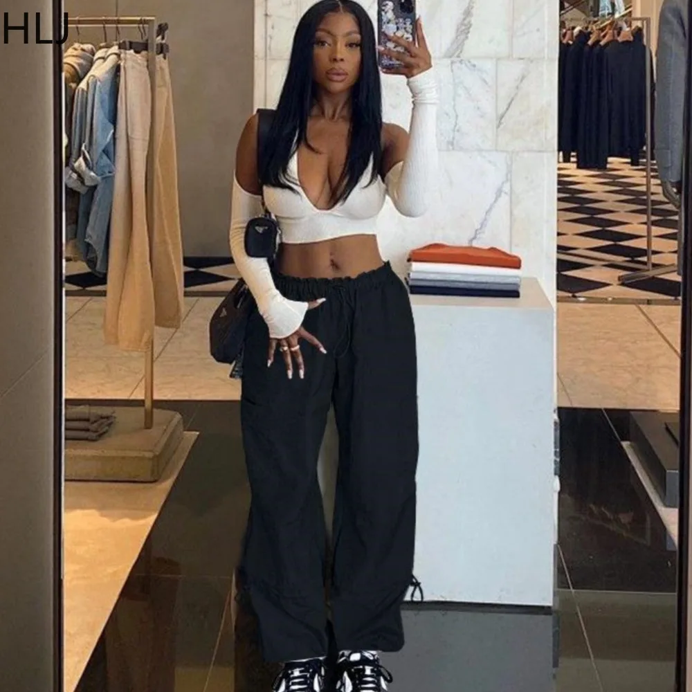 HLJ Y2k Pockets Cargo Pants High Waist Drawstring Sweatpants Baggy Trousers Sporty Streetwear Black Grey Casual Wide Leg Pants