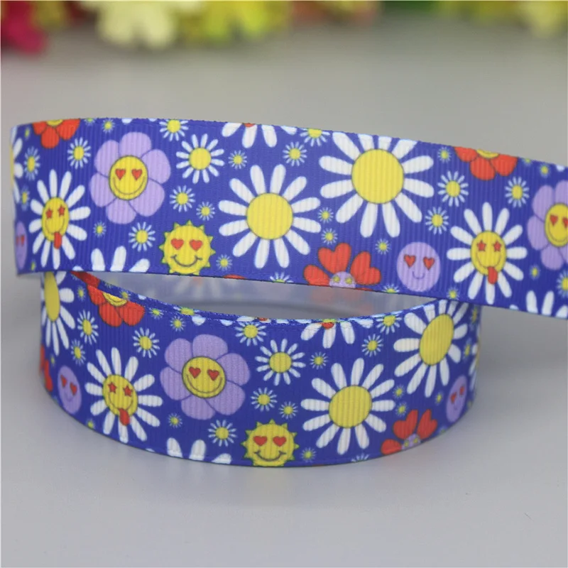 Flower Sunflower Printed Grosgrain Ribbon DHK 7/8'' 5yards Accessories Material Headwear Decoration DIY Sewing Craft C2057