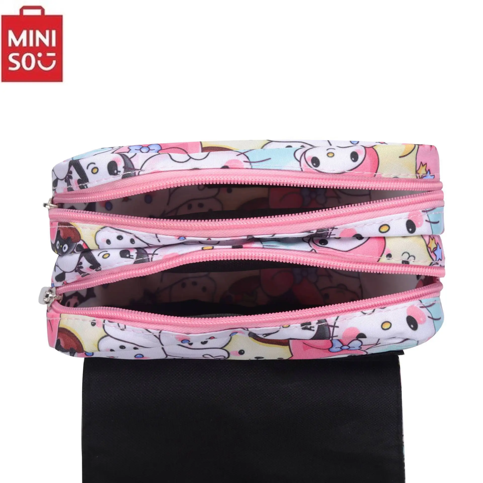Pencil bag MINISO Kuromi Schoolbag Students Kawaii Double-layer Pencil Bag Large-capacity Casual Backpack Cartoon Printing Pen Bag