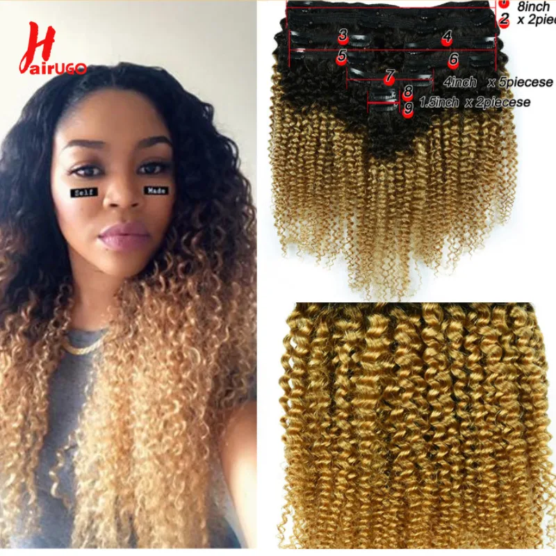 T1B/27 9PCS Human Hair Clip In Extension Kinky Curly Clip In Human Hair Extension 9 Pieces/Sets Full Head HairUGo