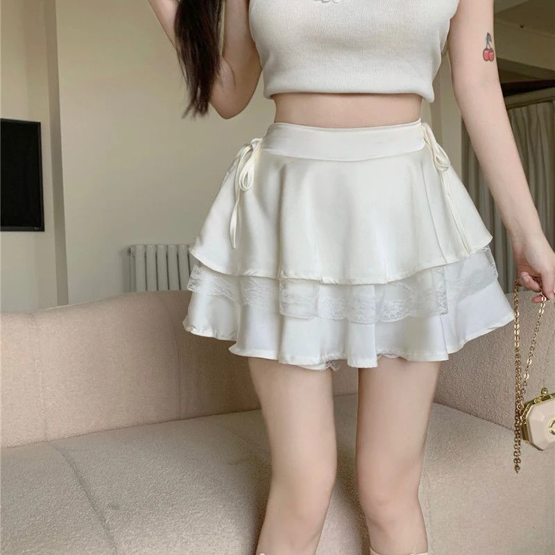 Y2K Sweet Solid Women Mini Skirt Summer High Waist Lace Patchwork Ladies Ball Gown Fashion All Match Ruffles Female Skirt 2