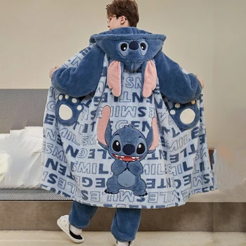 2Pcs Stitch Kawaii Woman's Velvet Pajamas Set Kawaii Cartoon Anime Man Embroidery Thicken Warm Casual Cute Student Homewear 1