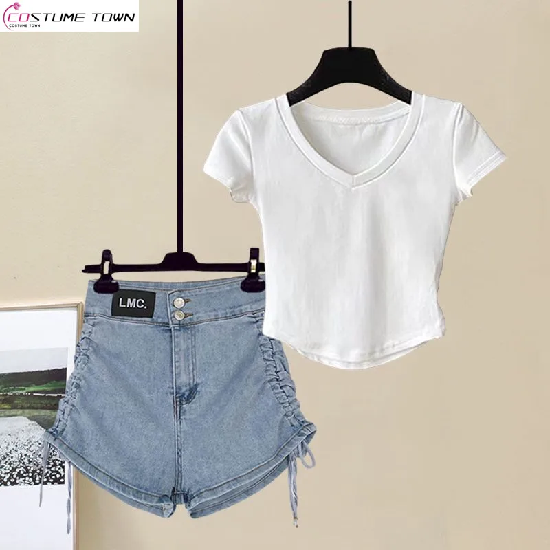 Large Women's Summer Set 2024 New V-neck T-shirt Top High Waist Drawstring Denim Shorts Two Piece Set Trendy