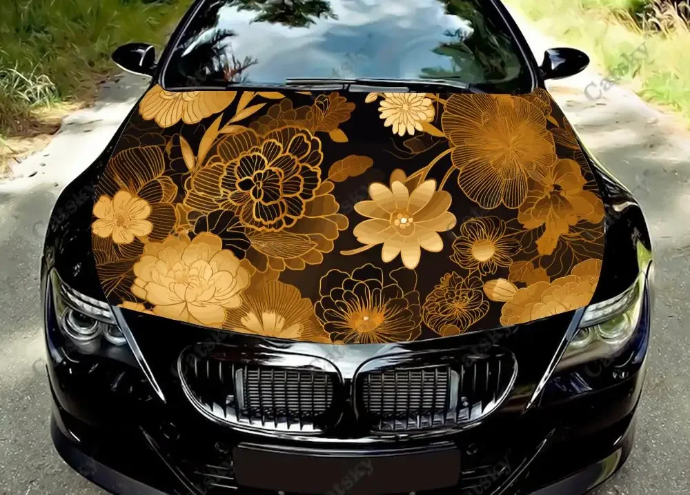 

Винтажные виниловые Стикеры с золотым цветочным рисунком на капот автомобиля, виниловая пленка, наклейки на крышку двигателя, автомобильные аксессуары