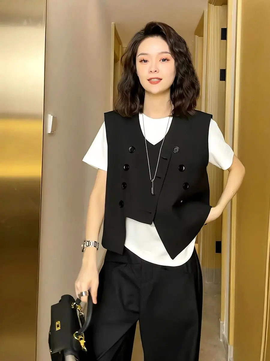 Women Vest Black Double-breasted Vintage Sleeveless Cardigan Cropped Jacket Irregular Coat Office Lady Tank Tops New Vests