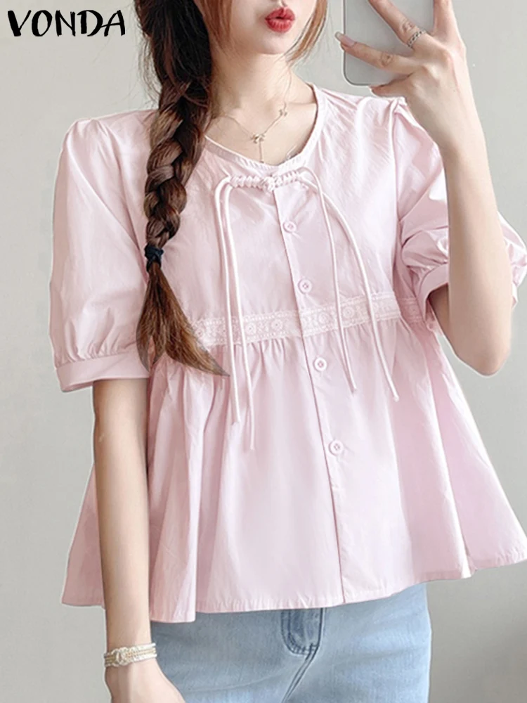 

VONDA Women Fashion Blouse 2024 Short Puff Sleeve Bohemian Tops Solid Color Blusas Casual Loose Summer Shirts Oversized Tunic