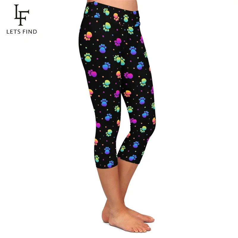 LETSFIND High Quaility 3D Colorful Dog Paw Pattern Digital Printing Capri Leggings New High Waist Slim Women Mid-Calf Legging