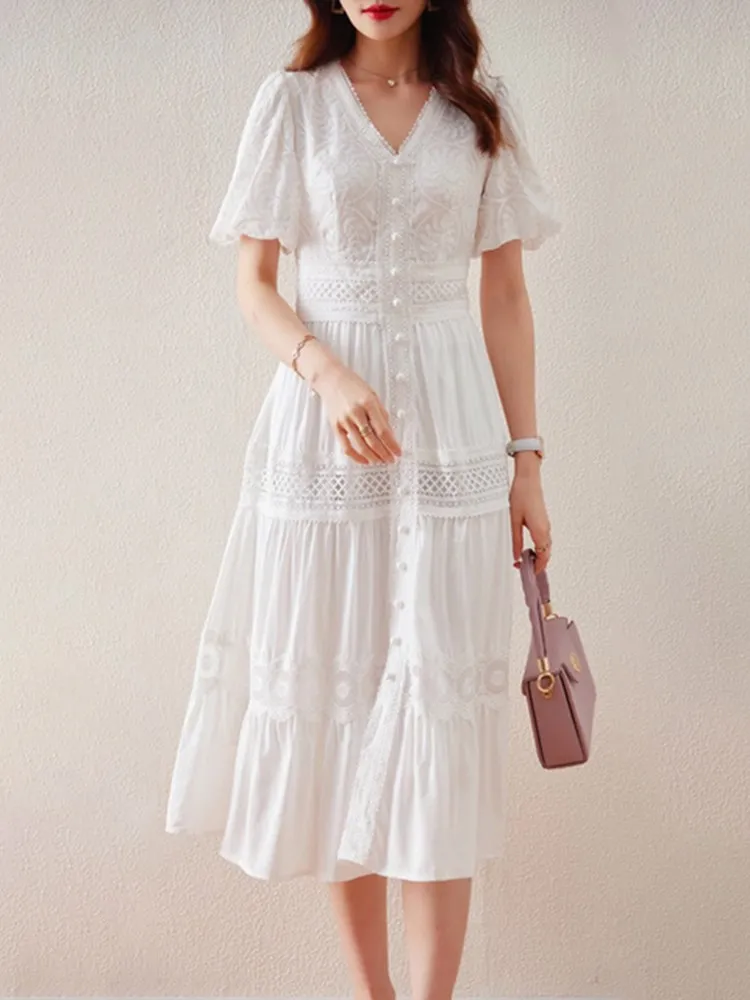 

KBQ-Patchwork Single Breasted Dresses for Women, V Neck, Puff Sleeve,High Waist,Hollow Out,Casual Dress,Female Fashion,Solid,New
