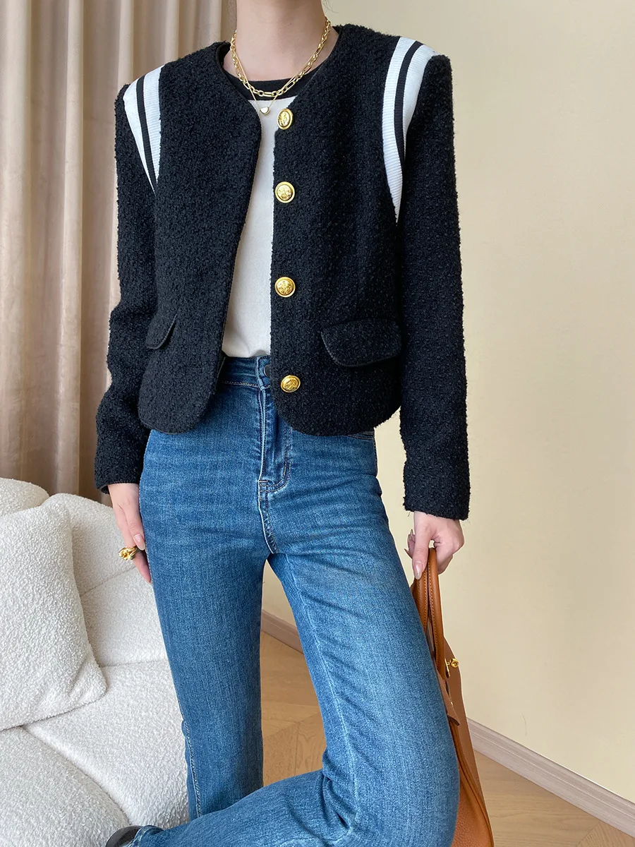 

Женская шерстяная куртка, повседневная черная куртка из твида, Осень-зима