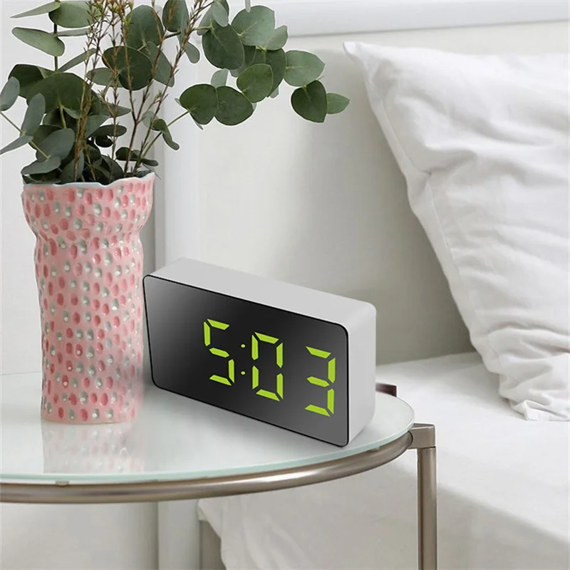 Mirror Digital Alarm Clock LED Display Snooze Wake Silent Calendar Temperature Desktop Dimmable Electronic Desk Clock Home Decor