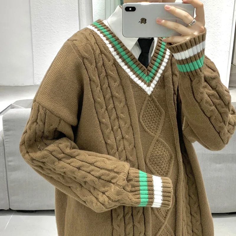 Winter Sweaters Men Warm Retro V-neck Knitted Pullovers Men Streetwear Korean Loose Long Sleeved Sweaters Mens Jumper Clothes 5
