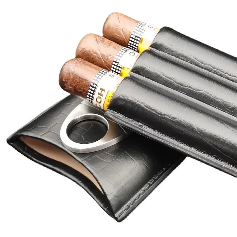 

Leather Cigar Case with Stainless Cutter 3 Tube Cigar Holder Mini Humidor Pocket Cigar Box Portable Travel Cigars Accessories