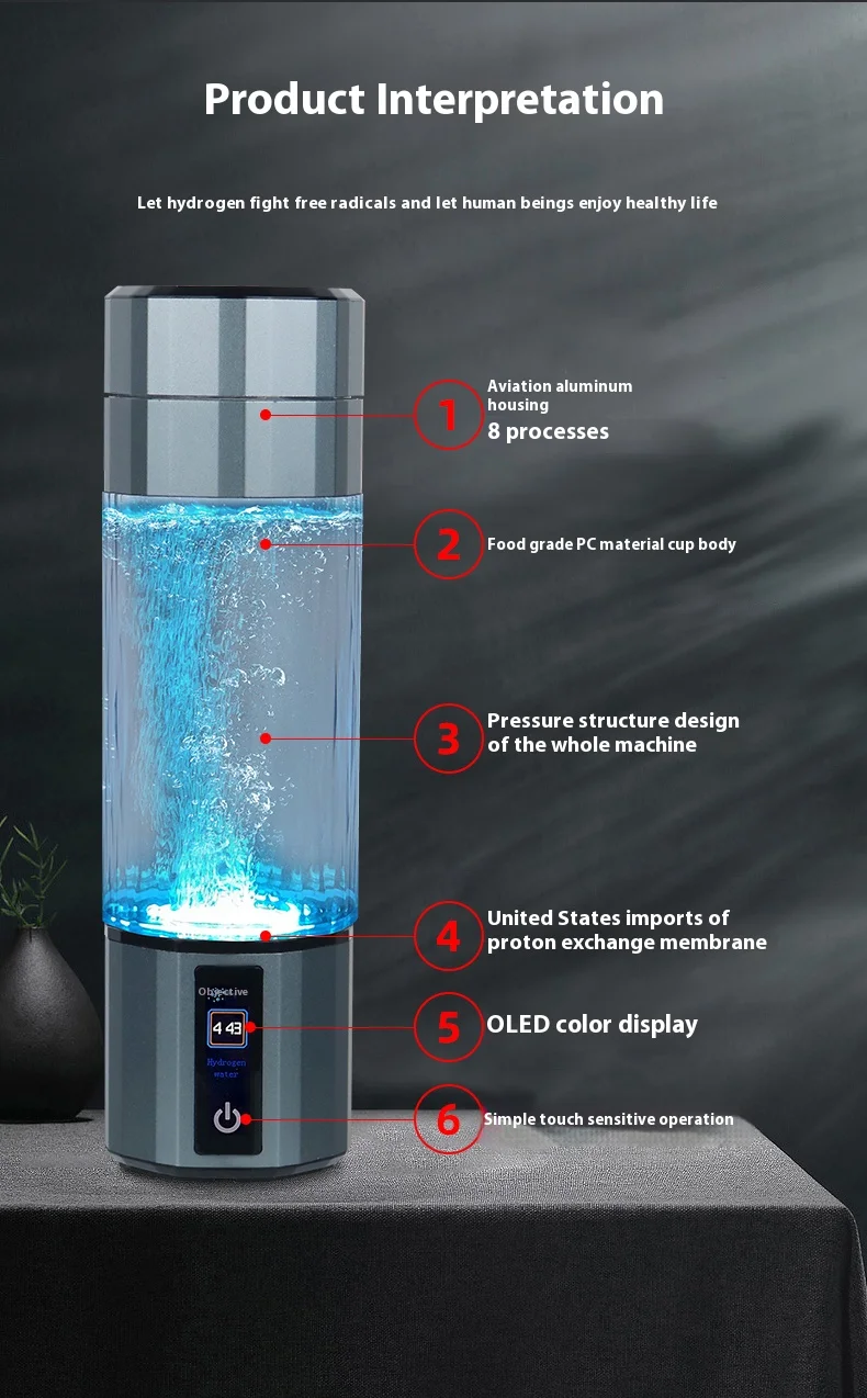 Description Picture 6 of itemWholesale Best Selling SPE PEM USB Rechargeable Portable 9800ppb H2 Rich Hydrogen Generator Water Thermos Bottle for Gifts