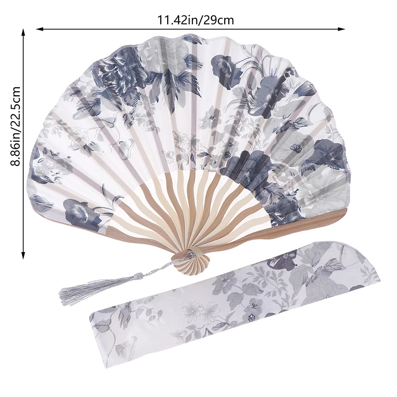 1Pc Japanese Style Shell Shaped Fan With Storage Bag Silk Cloth Bamboo Folding Fans Single-side Flower Curved Fanbone Hand Fan