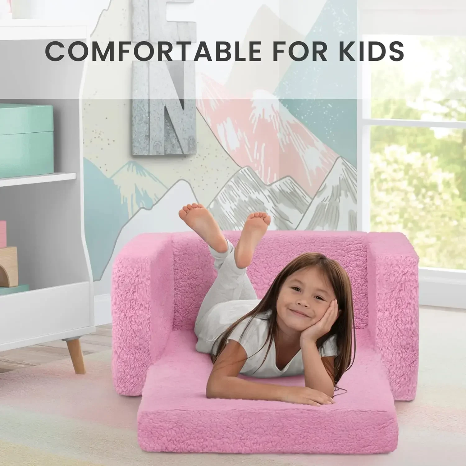 

Flip-Out Sherpa 2-in-1 Convertible Chair to Lounger for Kids, Pink