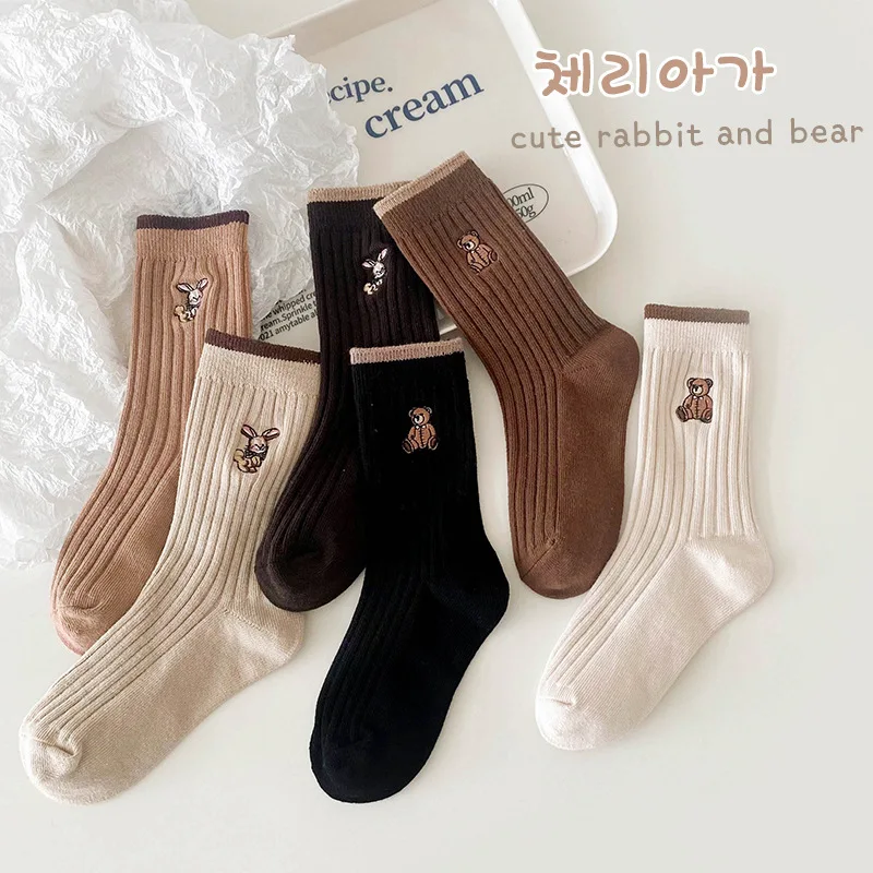 3 Pairs/lot Children Cotton Socks Kawaii Bear Bunny Embroidery Boys Girls Tube Socks Autumn Winter Warm Casual Kids 1-10y