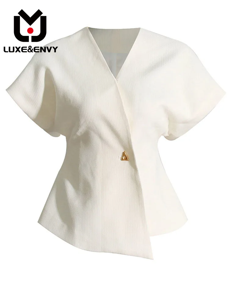 

LUXE&ENVY 2023 Summer New Style Waist Slim Asymmetric Suit Shoulder Sleeve Tank Top Shirt Women 2023