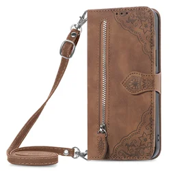 Leather Lanyard Zipper Wallet Crossbody Case for Samsung S24Plus (Brown)