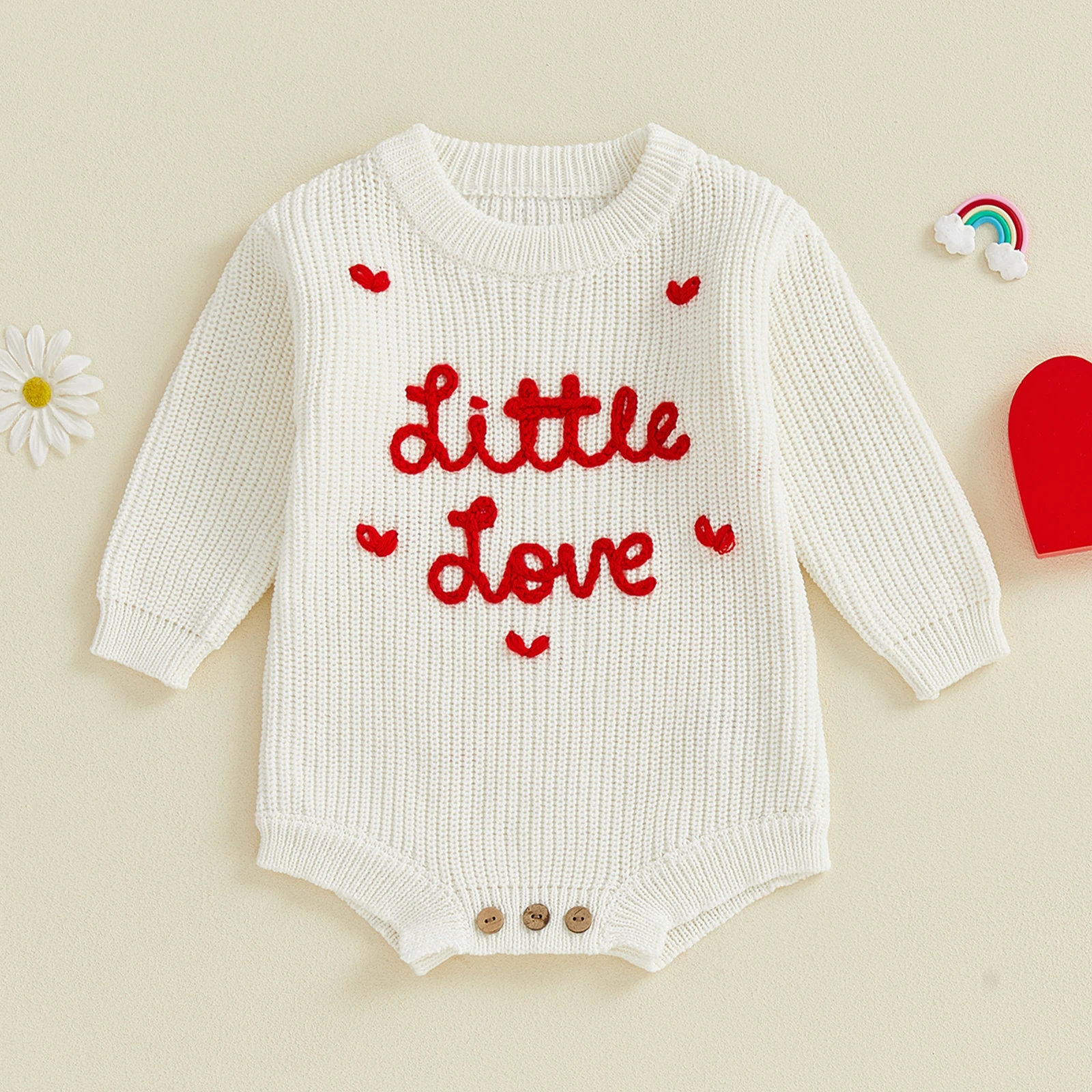 발렌타인 데이  여아 니트 롬퍼 편안한 긴 소매 라운드 넥 레터 하트 자수 점프수트