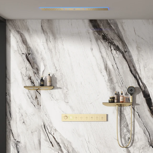 ชุดฝักบัวเพดานหรูหรา ระบบควบคุมอุณหภูมิแบบฝังในตัว ทำจากทองเหลือง พร้อมหน้าจอดิจิตอล ระบบไฮโดรเจเนอเรเตอร์ ฟังก์ชั่นฝนตก ไฟส่องสว่าง และบลูทูธ 5