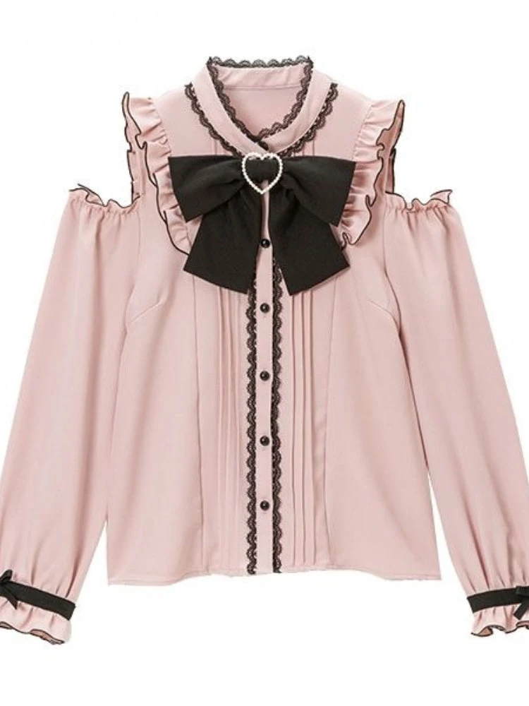 

Elegant Sweet Oversized Lolita Blouses M-4XL Spring Autumn Women Harajuku Lace Bow Long Sleeve Shirts Girly Kawaii Tops Blusas