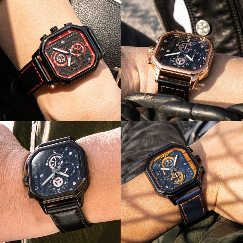 Quartz Watch For Men Fashion Squre Sport Chronograph Luminous Military WristWatches Leather Luminous Date Clock Reloj Hombre