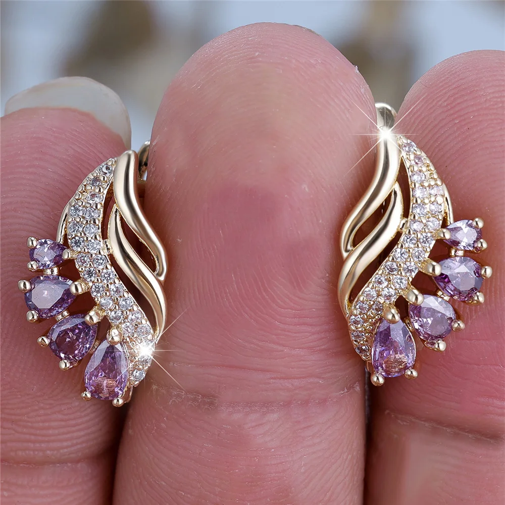 Charm Female Purple Zircon Stone Hoop Earrings Gold Color Simple Wedding Jewelry For Women