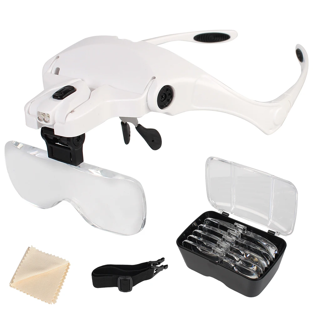 

2 Lights Magnifying Glasses 1.0X 1.5X 2.0X 2.5X 3.5X 5 Lens Reading Illuminated Magnifier Tool Headband Loupe Magnifier