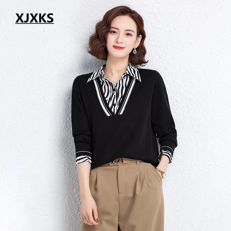 

XJXKS 2022 Autumn And Winter Latest Women's Sweater Fashion Stitching Lapel Wool Knitted Pullover Sueters De Mujer