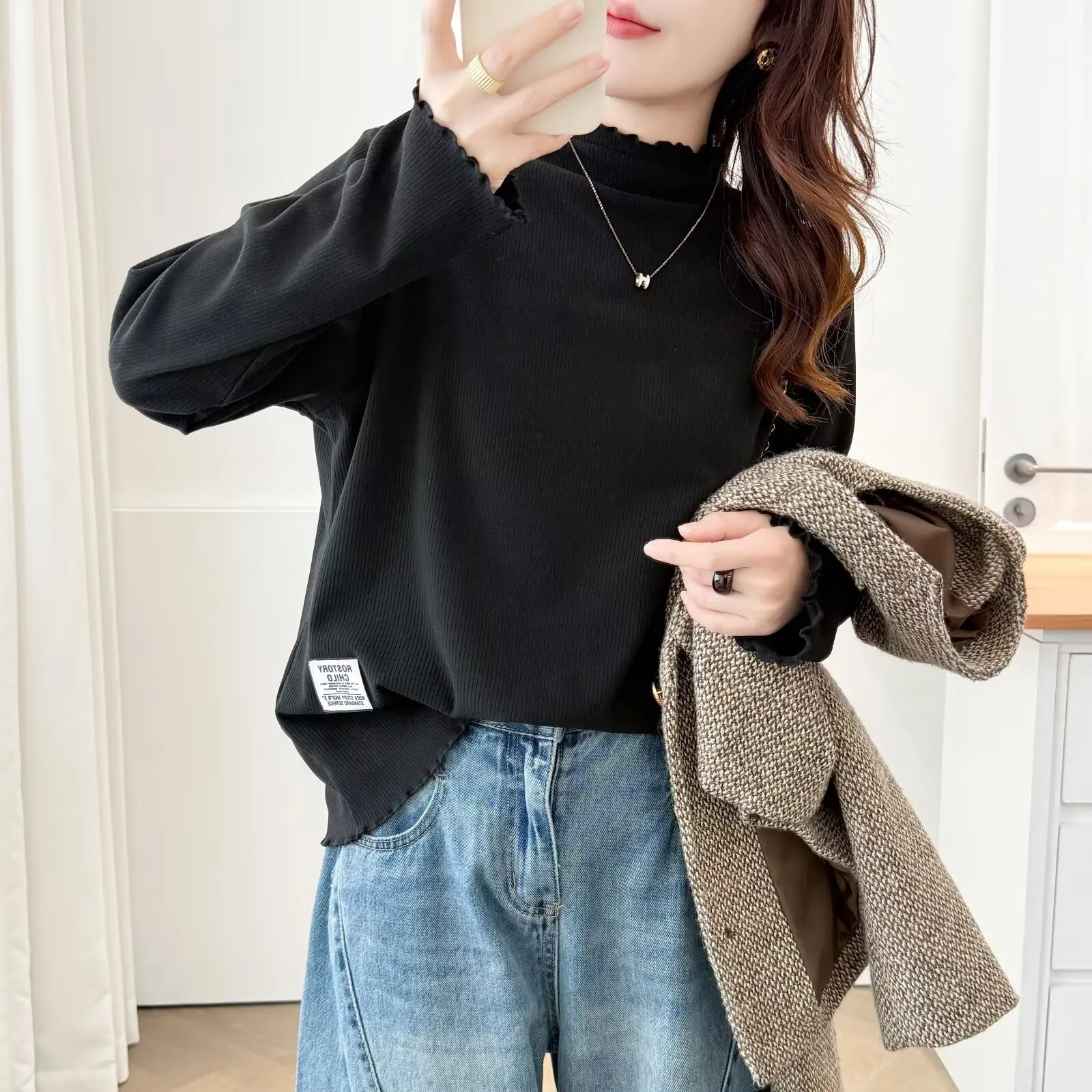 XXXXL Fashion Plus Size Woman Clothing T-Shirt New Autumn And Winter Simple Basic Style Ruffled Neck Warm Tops 191