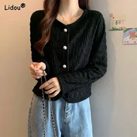 Round Neck Button Pleated Solid Straight Premium Temperament Fashion Casual Autumn Winter Thin Cardigan Women's Clothing 2022 1