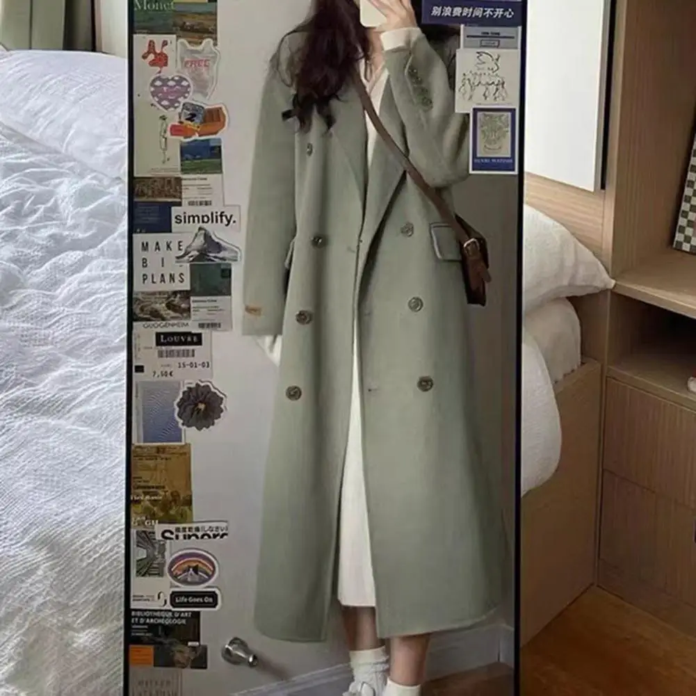 Autumn Winter Women Long Woolen Coat Lapel Long Sleeve Double-breasted Pockets Outwear Solid Color Warm Lady Overcoat 2021 women coat outerwear spring clothing fashion warm woolen blends female x long elegant double breasted woolen coat solid