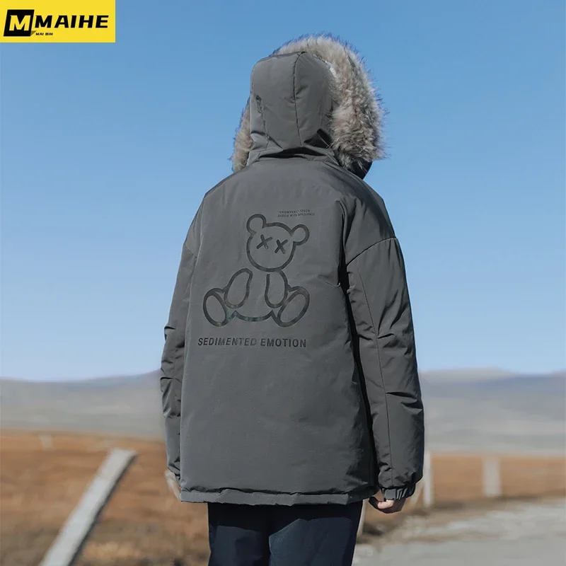 Down Jacket Men's Long Winter Cold-proof Detachable Fur Collar Colorful Bear Padded Jacket Hip-hop Harajuku Couple Hooded Parkas