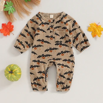 Baby Jumpsuit Long Sleeve Crew Neck Pumpkin Bat Print Newborn Romper Halloween Baby Clothes for Girls Boys 2