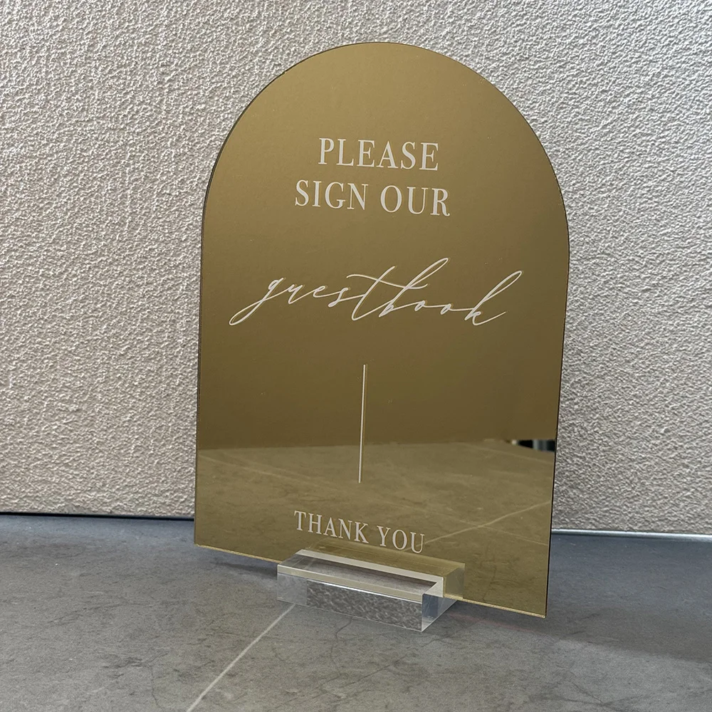Arch Acrylic Wedding Table Sign Gold Mirror Acrylic Signs with Clear Stand Please Sign Our Guestbook and Please Take One 6*