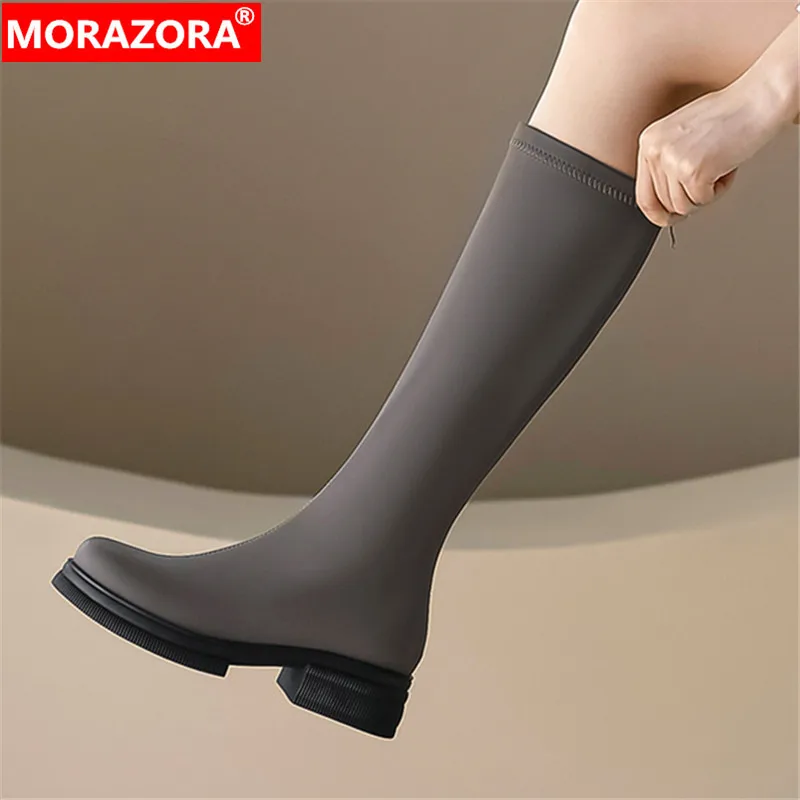 

MORAZORA 2023 Size 33-43 New Ladies Thick Med Heels Shoes Zipper Knee High Winter Boots Pu Platform Women Boots