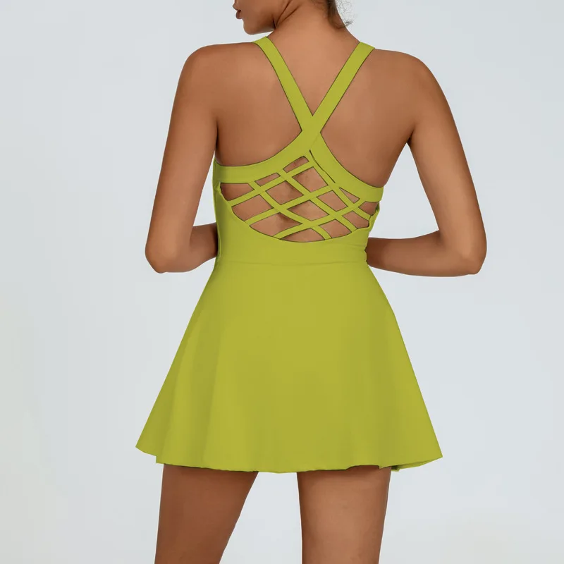 Women Tennis Dress One-Pieces Slim Fit Soft Sports Sets Golf Badminton Skorts Back Cross Tracksuits With Chest Pads Yoga Suits