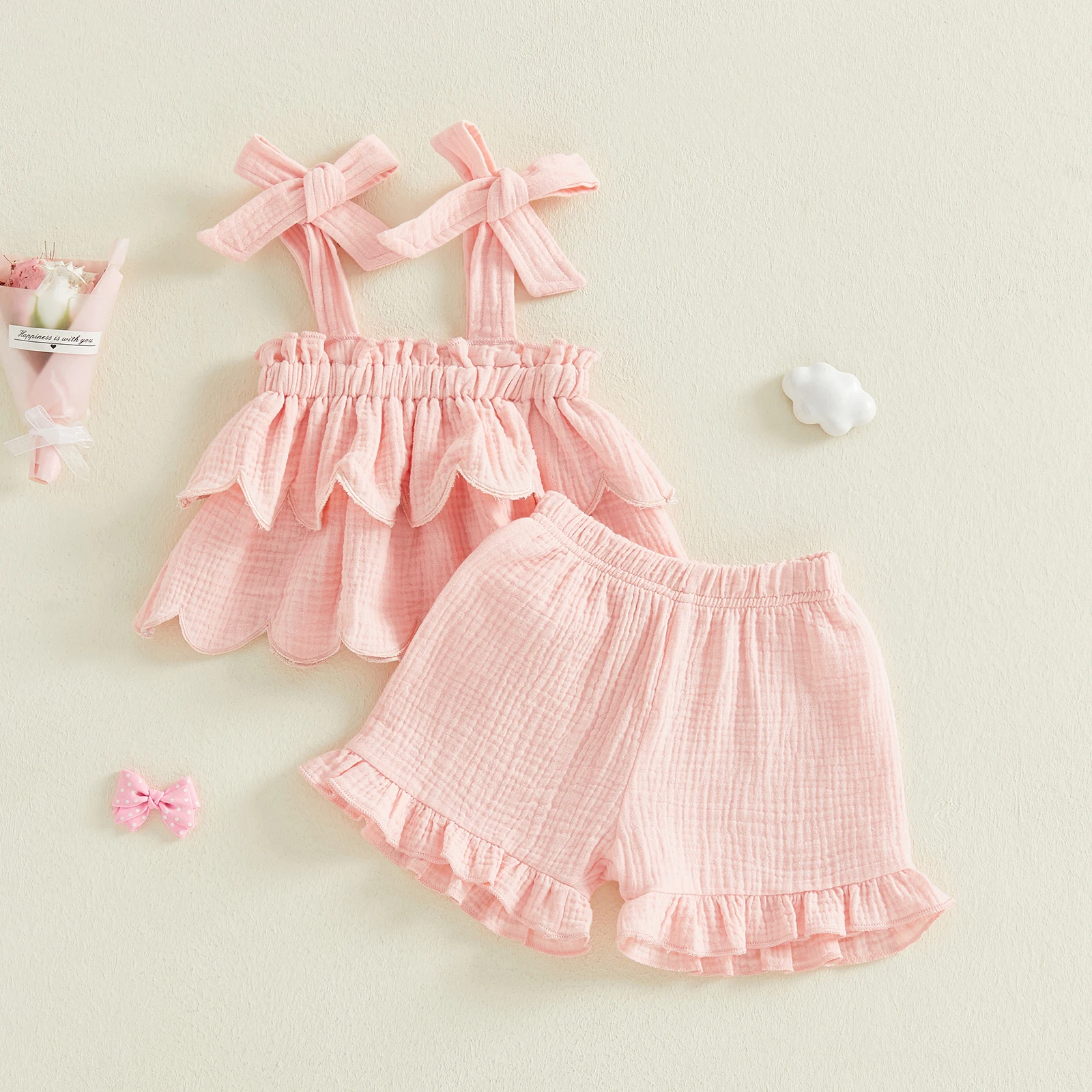 Abbigliamento per Bambine, Completo Estivo a 2 Pezzi, Top Senza Maniche a Strati Tinta Unita, Pantaloncini con Volant, Set di Abbigliamento per Bambini - immagine 4