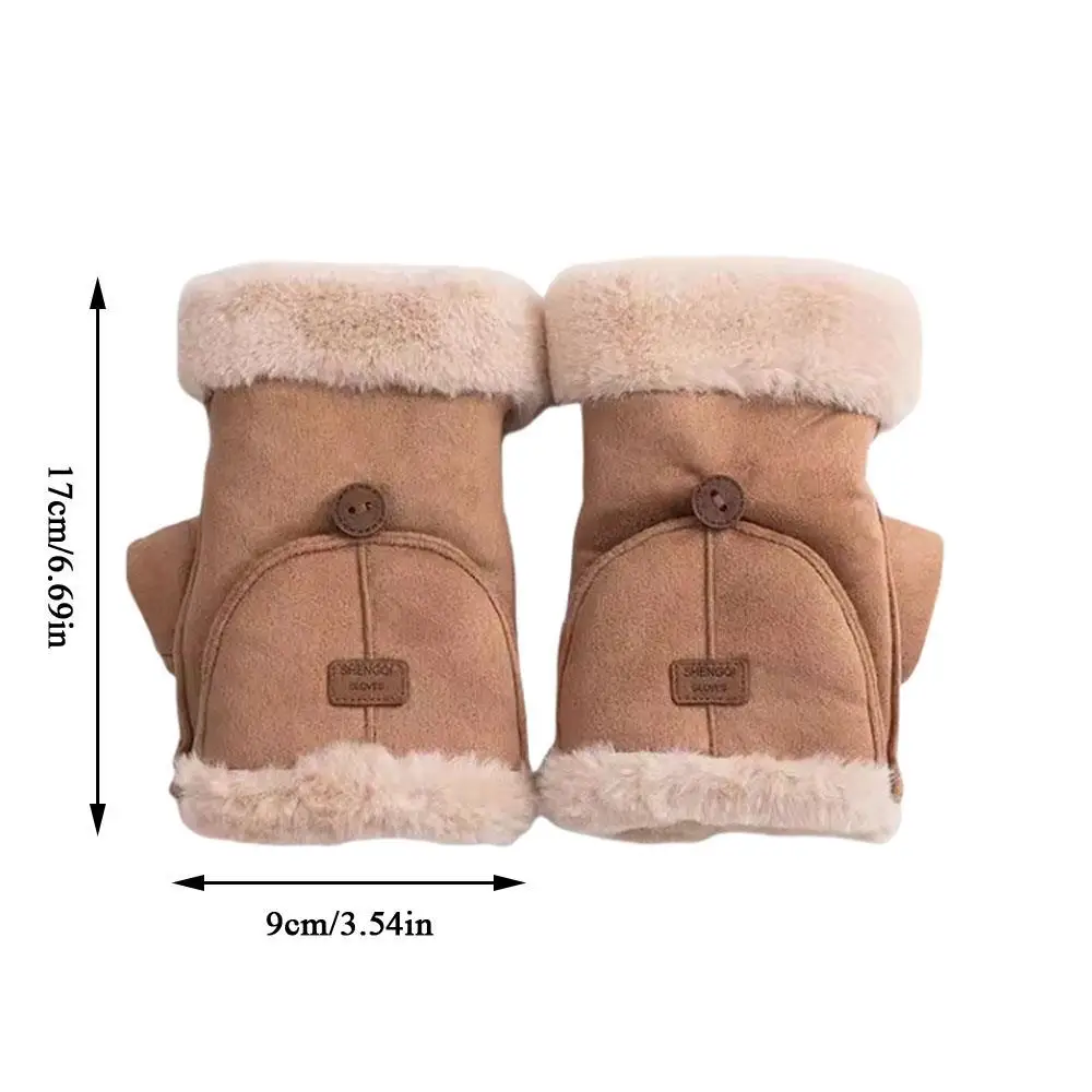 Thicken Flip Cover Suede Gloves Warm Velvet Touch Screen Wool Lining Half Finger Gloves Winter Outdoor Writing Student Gloves