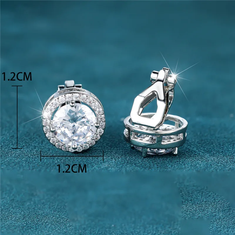 Classic Four Claw Round Stone Clip Earring Luxury Crystal White Zircon Earrings For Women Men Simple Trendy Silver Color Jewelry