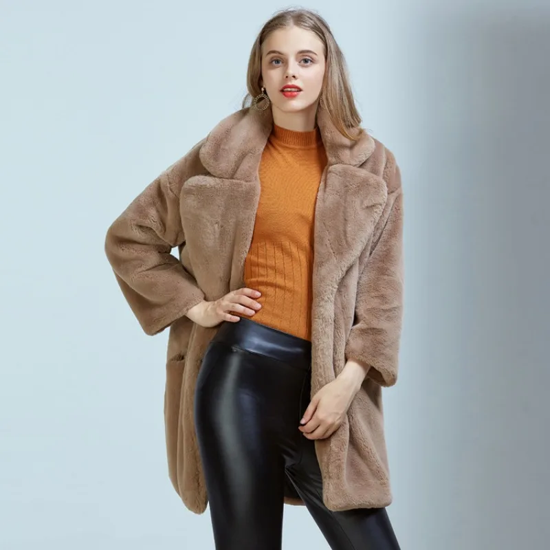 Winter New Faux Rabbit Fur Coat 2023 Women Imitation Fur Mid-Length Fashion loose Outwear thicken keep warm solid color parkas