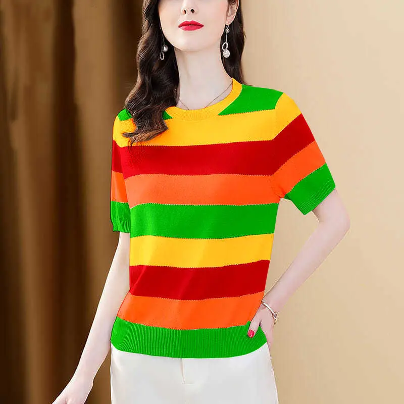 Fashion O-Neck Knitted Striped Color Blouse Female Clothing 2023 Summer New Loose Casual Pullovers Short Sleeve Commute Shirt