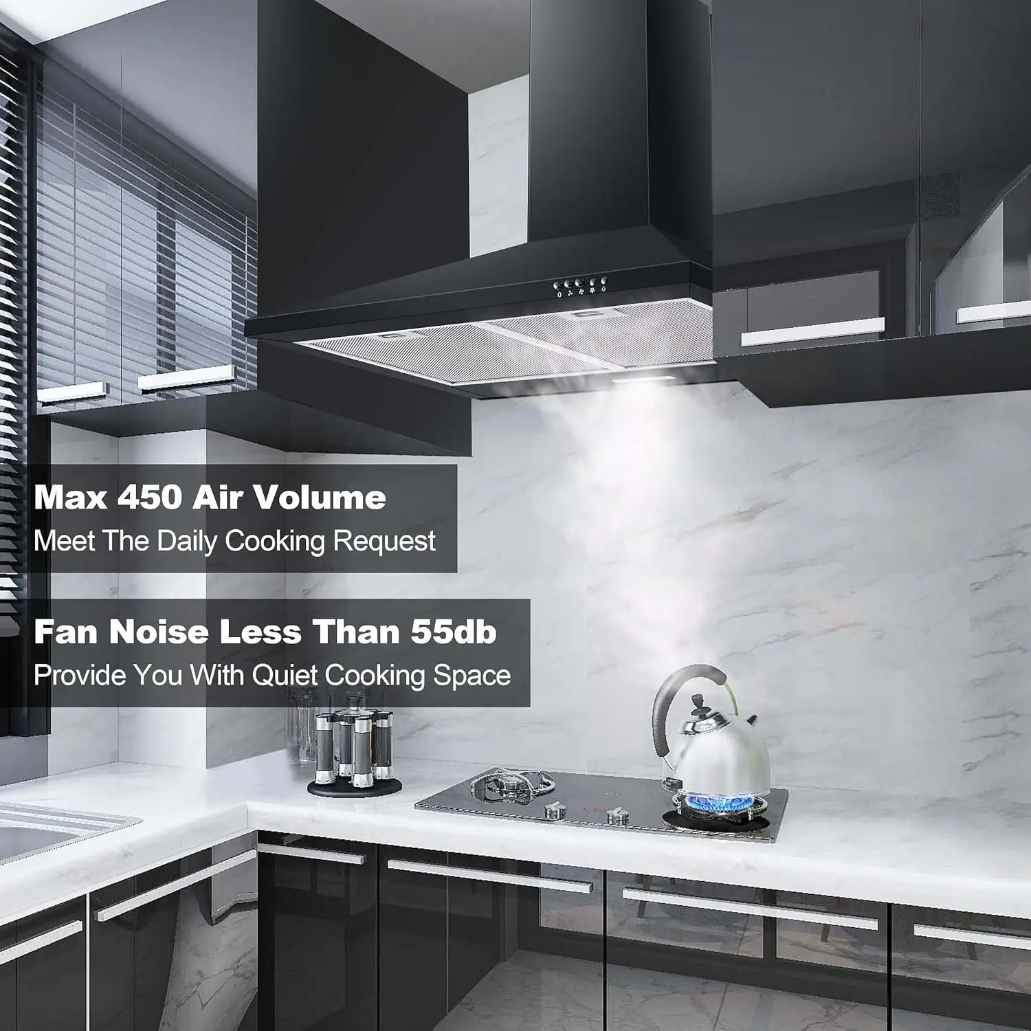 Tieasy Black 30 Inch 450 CFM Wall Mount Ducted/Ductless Permanent Filters LED Light Stainless Steel Range Hood for Kitchen 4