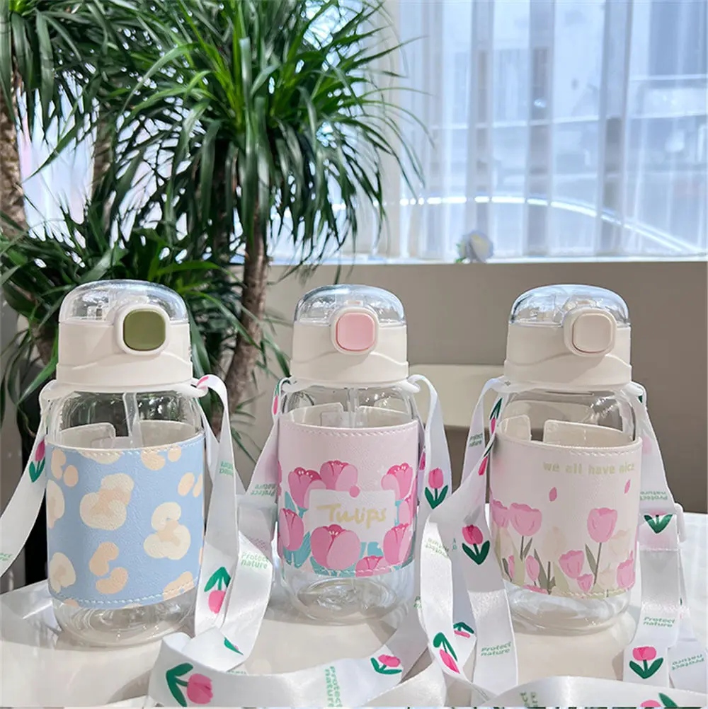 

Cute Tulip Glass Water Bottle with Cover Straw Strap for Girls Cute 400/450ml Coffee Juice Milk Cups Portable Drinking Bottle
