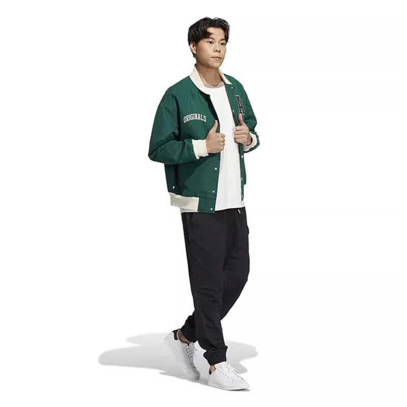 Adidas Jacket Men Baseball Jersey, Stand Up Collar Jacket, Plain Weave Polyester Sand, Black Green Smooth Windproof